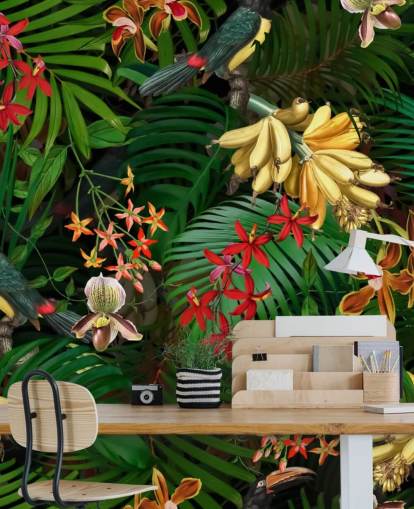 Banana, Palm Leaf and Flowers Wallpaper Banana, Palm Leaf and Flowers Wallpaper