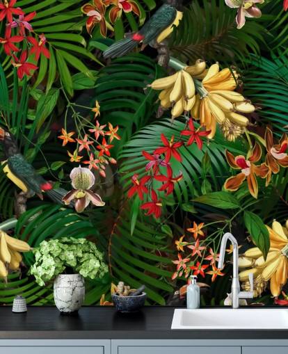 Banan, Palm Leaf og Blomster Baggrund Banan, Palm Leaf og Blomster Baggrund