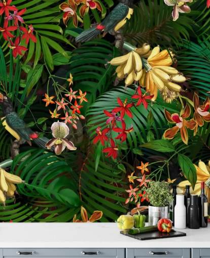 Banana, Palm Leaf and Flowers Wallpaper Banana, Palm Leaf and Flowers Wallpaper