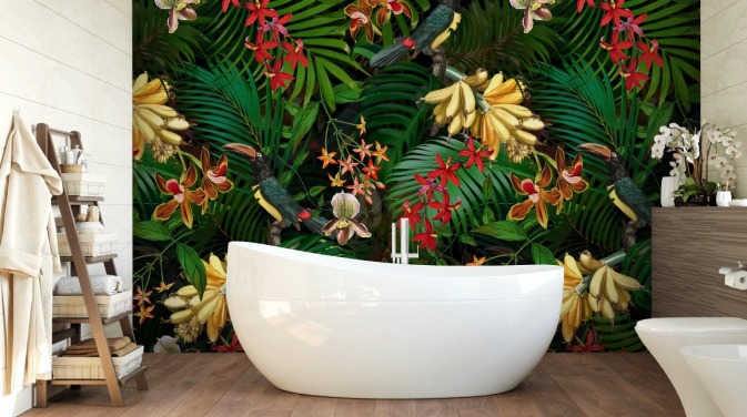 Banan, Palm Leaf og Blomster Baggrund