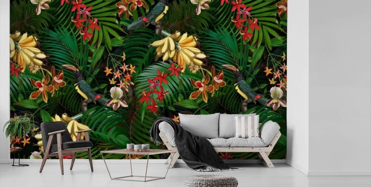Banana, Palm Leaf and Flowers Wallpaper