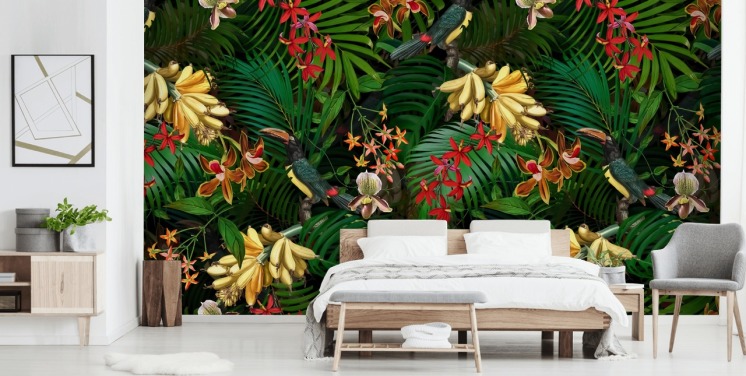 Banan, palmblad och blommor Bakgrund