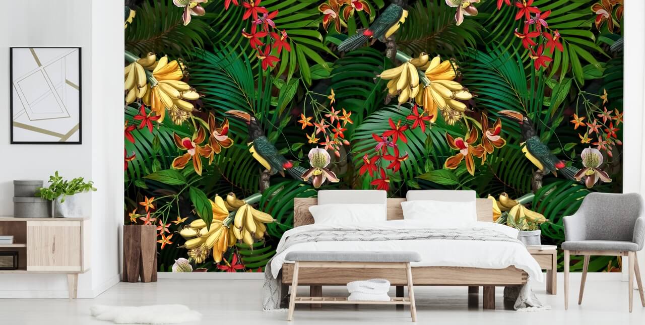 Papel pintado Plátano, hoja de palma y flores