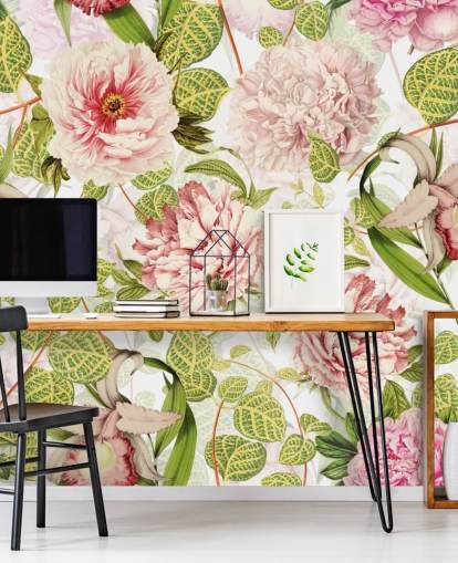 Papier Peint Roses, Orchidées et Feuilles Vertes Papier Peint Roses, Orchidées et Feuilles Vertes