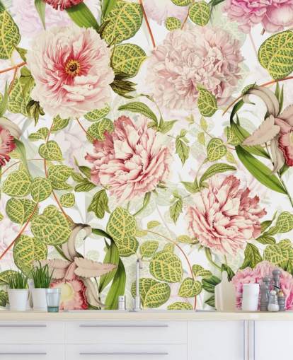 Papel de Parede Rosa, Orquídeas e Folhas Verdes Papel de Parede Rosa, Orquídeas e Folhas Verdes