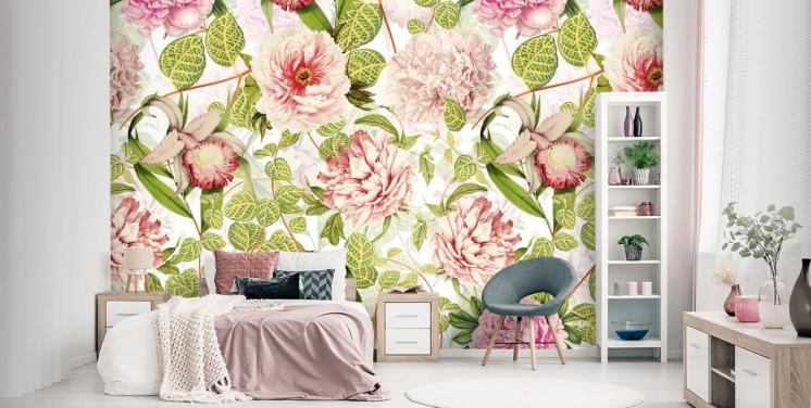 Roze roos, orchideeën en groene bladeren behang