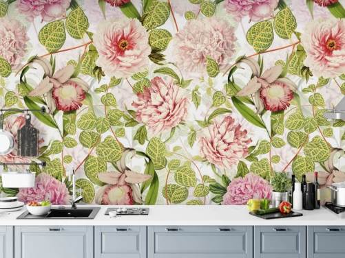 Pink Rose, Orchids and Green Leaves Wallpaper