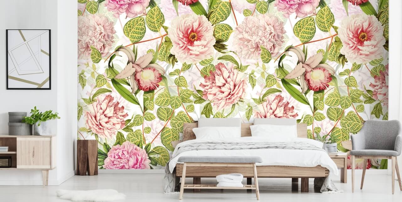 Papier Peint Roses, Orchidées et Feuilles Vertes