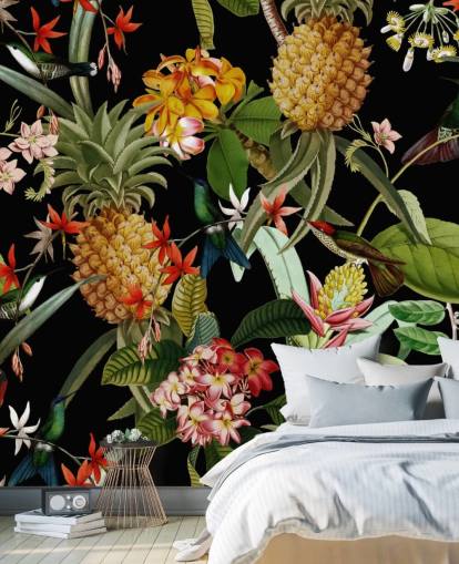 Ananas, Linnut ja kukat Tumma Taustakuva Ananas, Linnut ja kukat Tumma Taustakuva