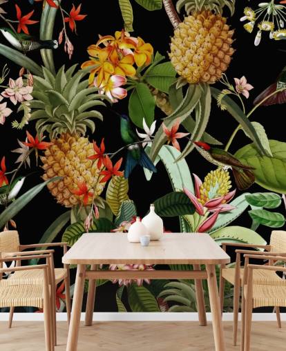Papel pintado Piña, pájaros y flores oscuro Papel pintado Piña, pájaros y flores oscuro