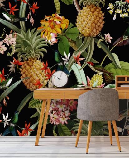 Ananas, fåglar och blommor mörk tapet Ananas, fåglar och blommor mörk tapet