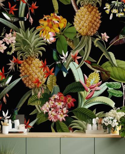 Papel de parede escuro de abacaxi, pássaros e flores Papel de parede escuro de abacaxi, pássaros e flores