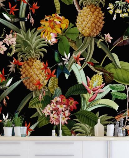 Ananas, fugler og blomster Mørk Bakgrunn Ananas, fugler og blomster Mørk Bakgrunn