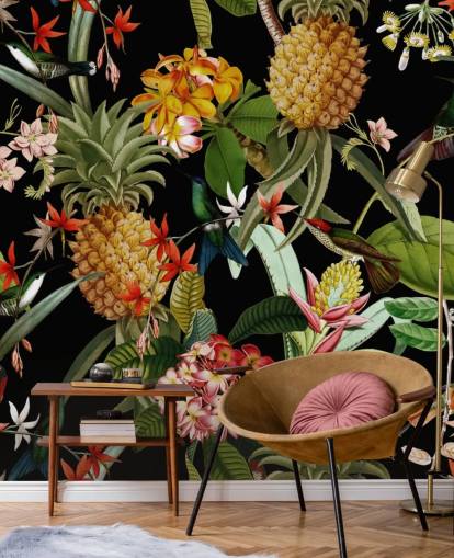 Ananas, Fugle og Blomster Mørk Baggrund Ananas, Fugle og Blomster Mørk Baggrund