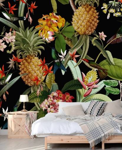 Pineapple, Birds and Flowers Dark Wallpaper Pineapple, Birds and Flowers Dark Wallpaper