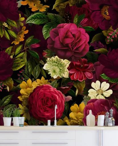 purple, pink and green floral wallpaper mural called Pink Rose Jungle by Uta Naumann for bedrooms and living rooms purple, pink and green floral wallpaper mural called Pink Rose Jungle by Uta Naumann for bedrooms and living rooms