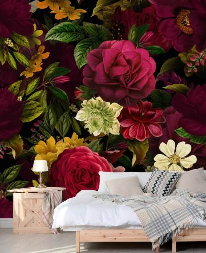 purple, pink and green floral wallpaper mural called Pink Rose Jungle by Uta Naumann for bedrooms and living rooms purple, pink and green floral wallpaper mural called Pink Rose Jungle by Uta Naumann for bedrooms and living rooms