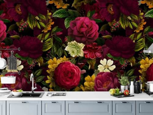 lilla, rosa og grønt blomstertapet veggmaleri kalt Pink Rose Jungle av Uta Naumann for soverom og stuer