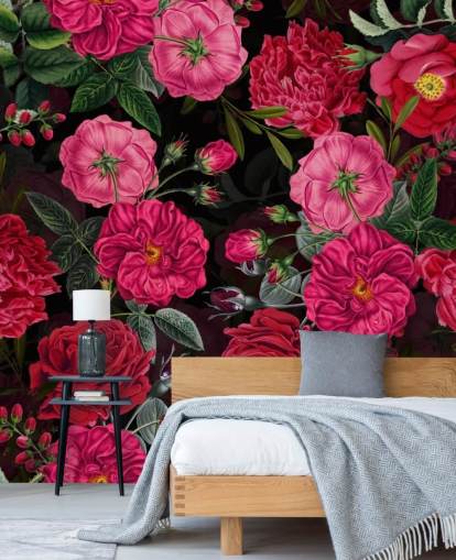 Rosas cor de rosa profundo com folhas verdes no papel de parede de fundo preto Rosas cor de rosa profundo com folhas verdes no papel de parede de fundo preto