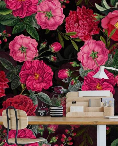 Deep Pink Roses with Green Leaves on Black Background Wallpaper Deep Pink Roses with Green Leaves on Black Background Wallpaper