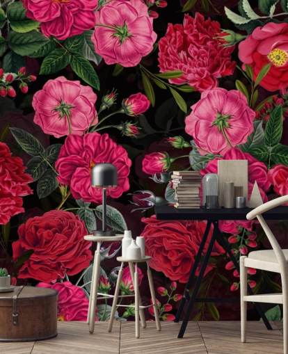 Rosas cor de rosa profundo com folhas verdes no papel de parede de fundo preto Rosas cor de rosa profundo com folhas verdes no papel de parede de fundo preto