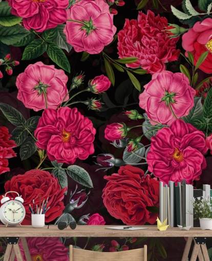 Deep Pink Roser med grønne blader på svart bakgrunn bakgrunn Deep Pink Roser med grønne blader på svart bakgrunn bakgrunn