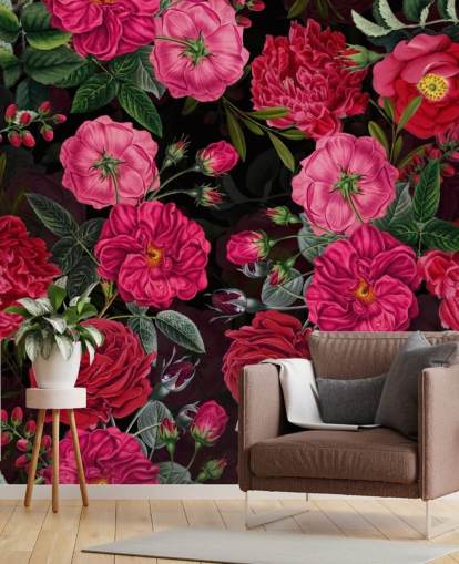 Rose rosa intenso con foglie verdi su sfondo nero carta da parati Rose rosa intenso con foglie verdi su sfondo nero carta da parati