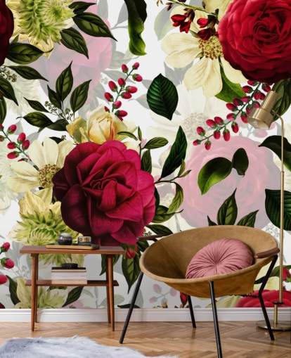 Schöne dunkelrosa Rosen mit grünen Blättern bemalte Tapete Schöne dunkelrosa Rosen mit grünen Blättern bemalte Tapete