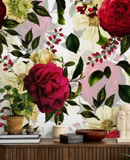 Papel pintado Rosas Rosas Oscuras con Hojas Verdes Papel pintado Rosas Rosas Oscuras con Hojas Verdes