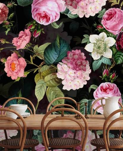 Mural de pared Rosas rosas y hojas verdes Mural de pared Rosas rosas y hojas verdes