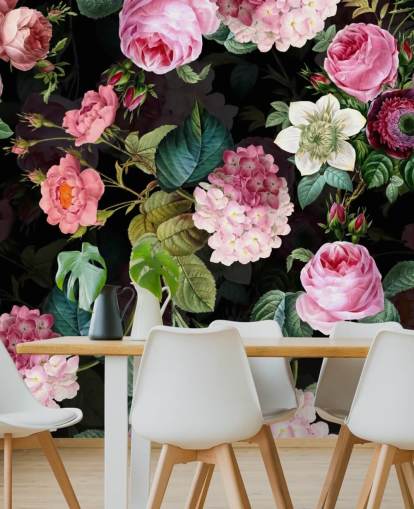 Rosa rosor och gröna blad väggmålning Rosa rosor och gröna blad väggmålning