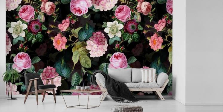 Rosa rosor och gröna blad väggmålning