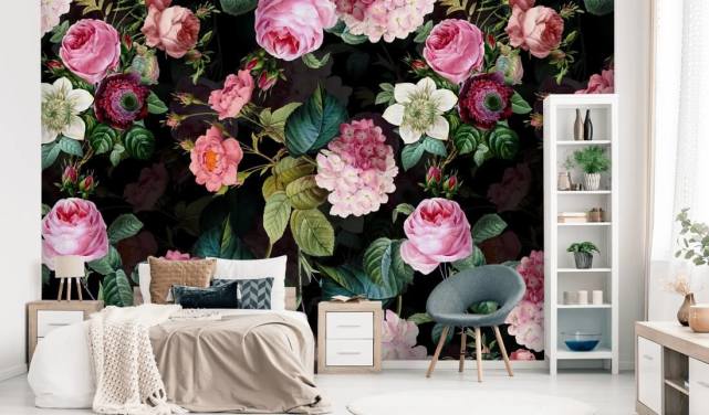 Pink Roses and Green Leaves Wall Mural