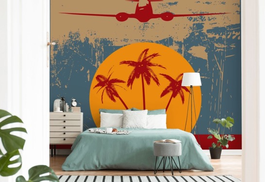Papier Peint Fresque Palmiers rouges et Avion