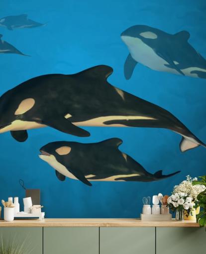 Orca Whale Family Muurschildering Orca Whale Family Muurschildering