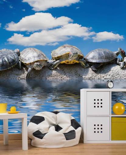 Turtles Chilling on a Rock Wall Mural Turtles Chilling on a Rock Wall Mural