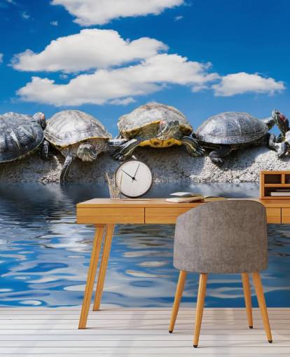 Tartarugas relaxando em um mural de parede de rocha Tartarugas relaxando em um mural de parede de rocha