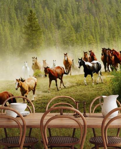 Vilda olika raser av hästar som körs i tallträd fält Bakgrund Vilda olika raser av hästar som körs i tallträd fält Bakgrund