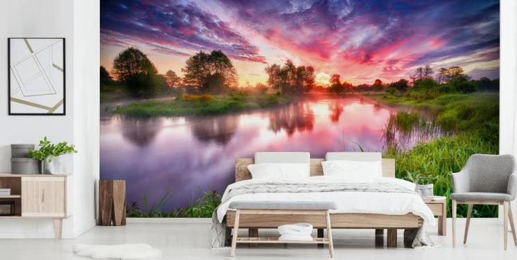 pink and purple sunset sky by river wallpaper