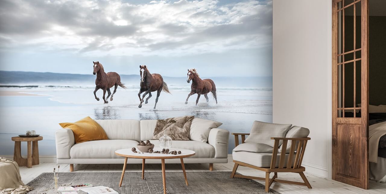 Hoofdkwartier favoriete Ambient Bruine paarden op een strandbehang | Wallsauce NL