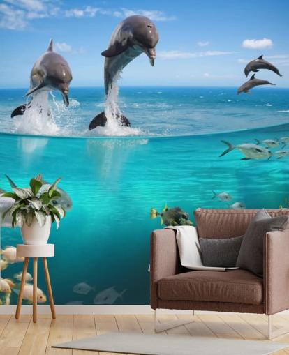 Decorazione murale con delfini che giocano sull'acqua Decorazione murale con delfini che giocano sull'acqua