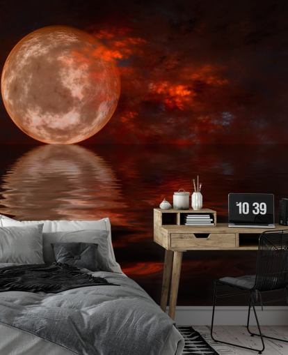 Lua vermelha brilhante com céu laranja e vermelho à noite papel de parede Lua vermelha brilhante com céu laranja e vermelho à noite papel de parede