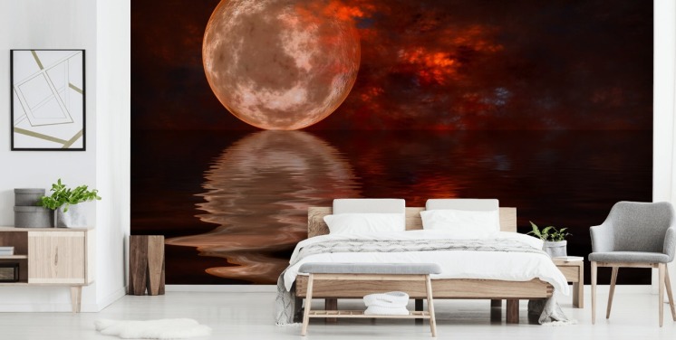 Papier Peint Lune Rougeoyante avec ciel orange et rouge la nuit
