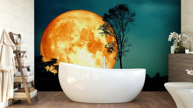 Huge Orange Room and Tree Silhouette Wallpaper