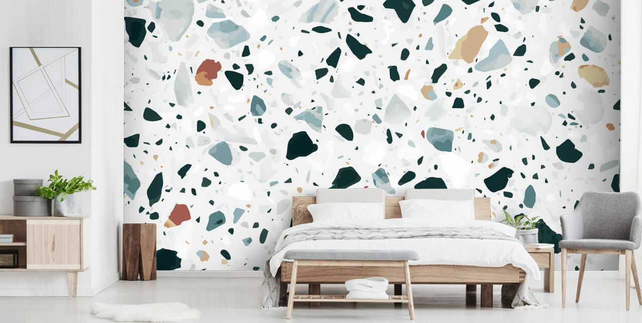 Bruin, zwart en blauw gespikkeld terrazzo behang