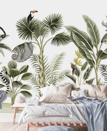 jungle illustration with cheetah, birds and sloth wallpaper jungle illustration with cheetah, birds and sloth wallpaper