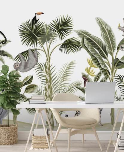 jungle illustration with cheetah, birds and sloth wallpaper jungle illustration with cheetah, birds and sloth wallpaper