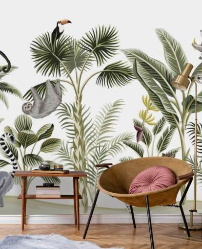 ilustração da selva com papel de parede de chita, pássaros e preguiça ilustração da selva com papel de parede de chita, pássaros e preguiça