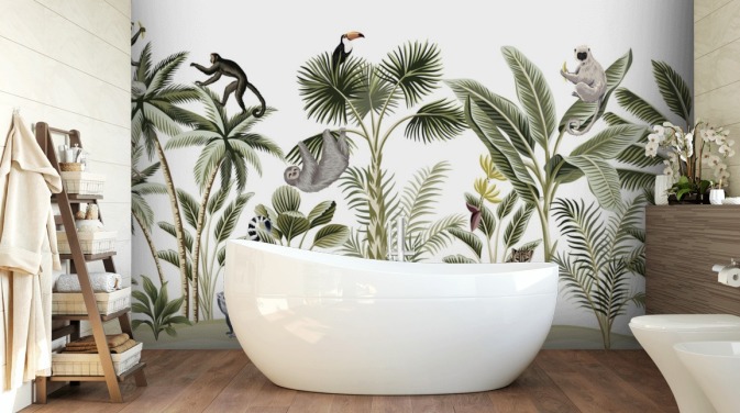 jungle illustration with cheetah, birds and sloth wallpaper