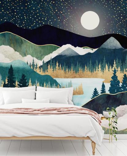 marin och guld abstrakt bergstapetväggmålning som heter Star Lake av SpaceFrog Designs för sovrum marin och guld abstrakt bergstapetväggmålning som heter Star Lake av SpaceFrog Designs för sovrum